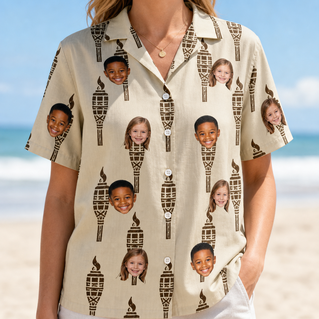Model wearing Women's Rattan Radiance Custom Face Hawaiian Shirt printed with kids' faces