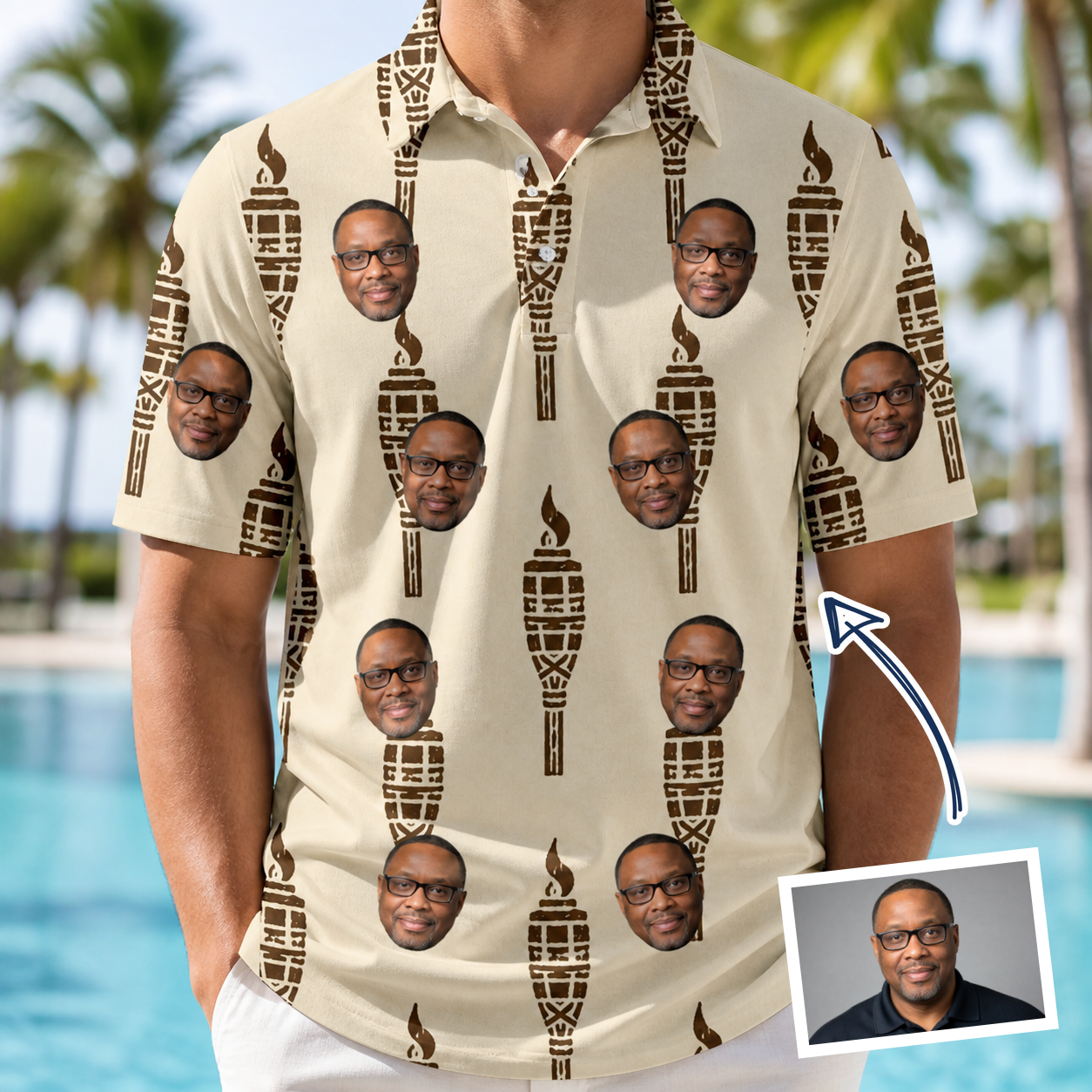 Man wearing Men's Rattan Radiance Custom Face Polo Shirt — custom faces printed all-over