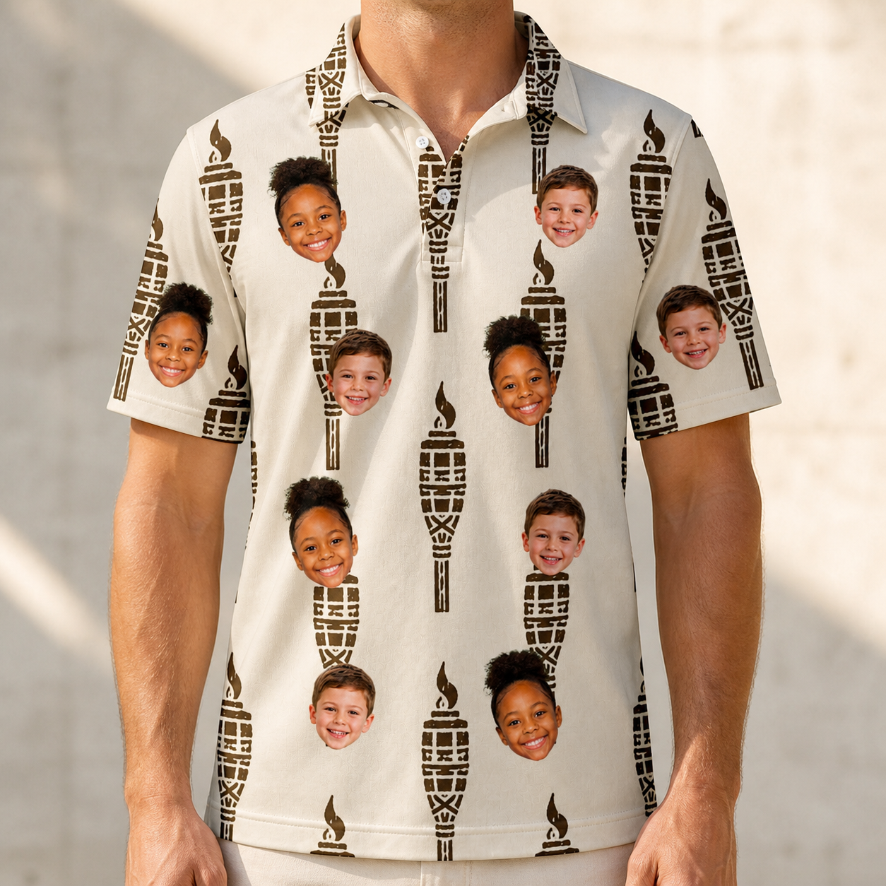 Model wearing Men's Rattan Radiance Custom Face Polo Shirt printed with kids' faces