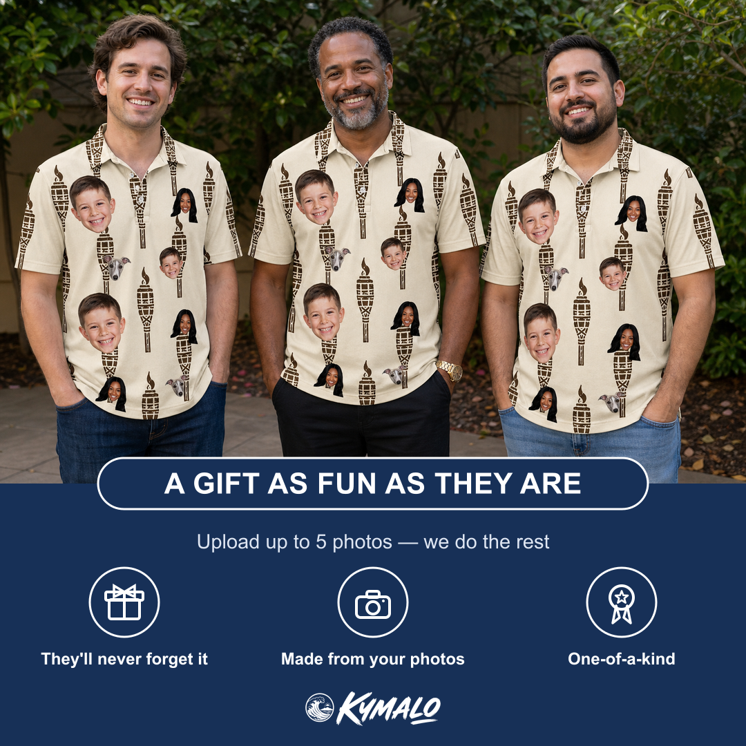 Friends in matching Men's Rattan Radiance Custom Face Polo Shirt — a group gift photo