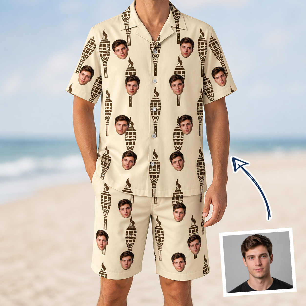 Man wearing Men's Rattan Radiance Custom Face Shirt & Shorts Set — custom faces printed all-over