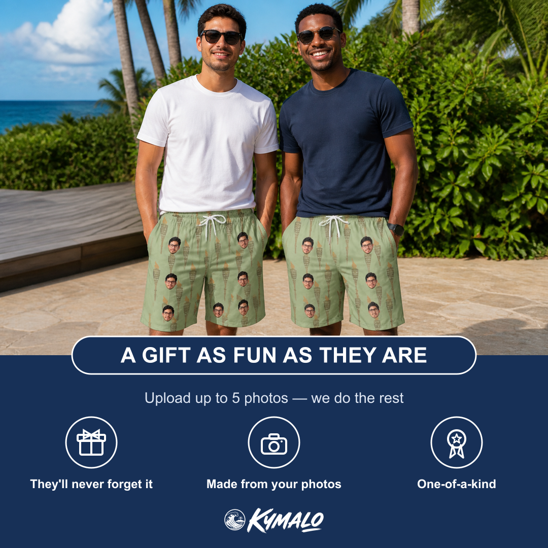 Friends in matching Men's Flame Fête Custom Face Beach Shorts — a group gift photo