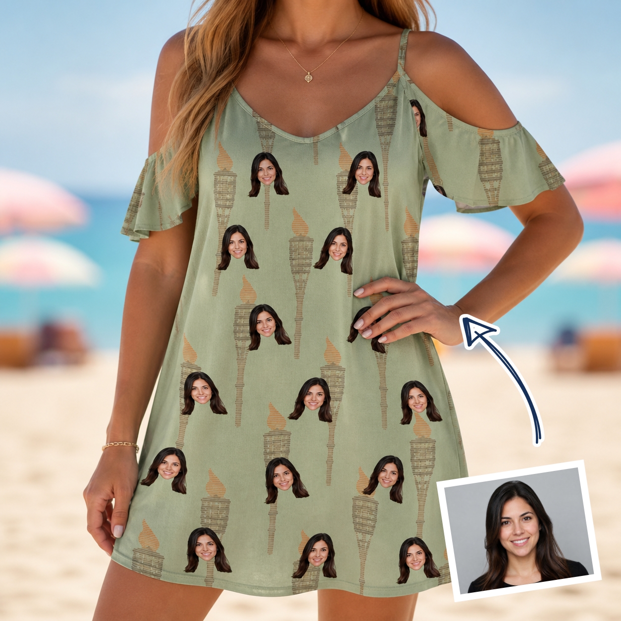 Woman wearing Women's Flame Fête Custom Face Off-Shoulder Dress — custom faces printed all-over