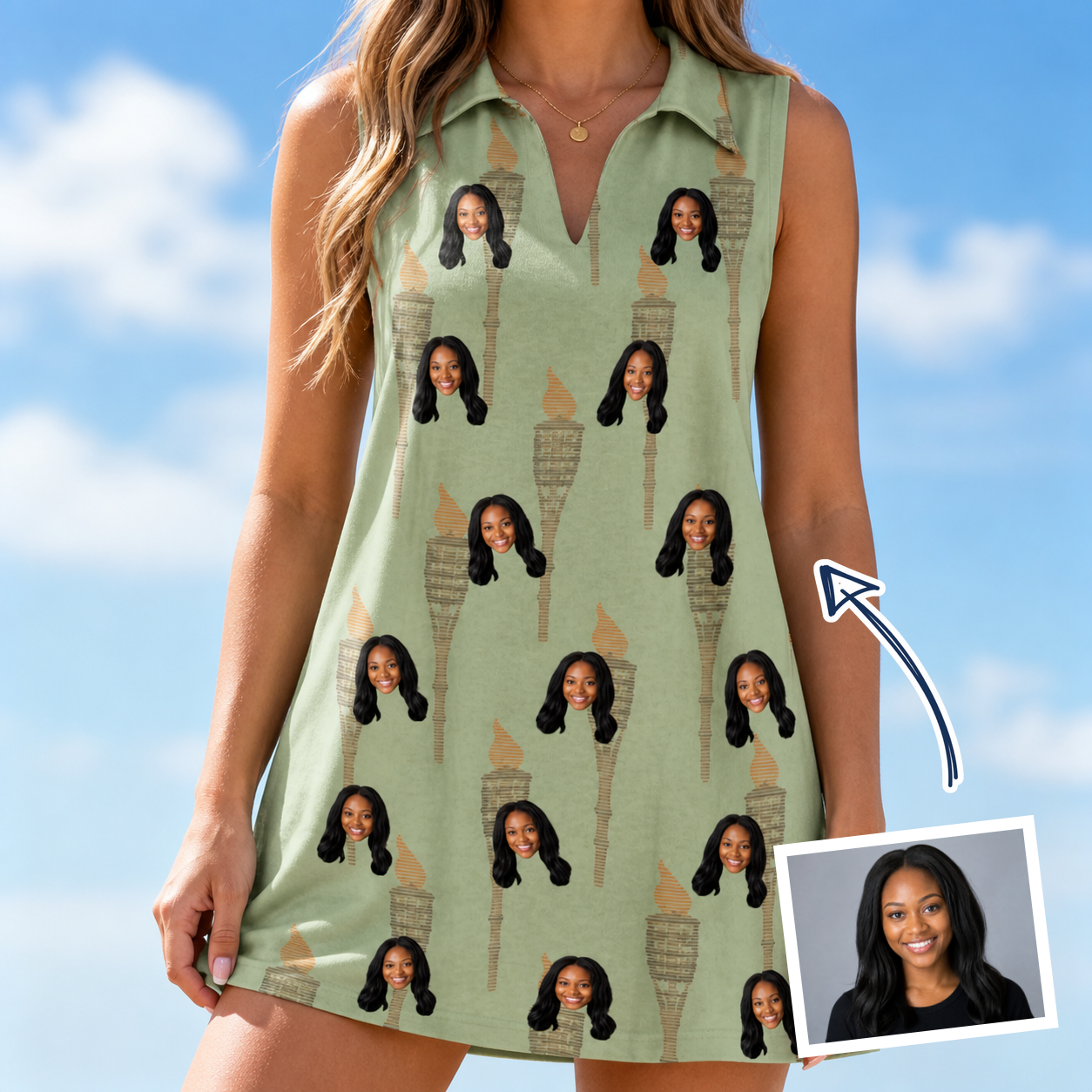 Woman wearing Women's Flame Fête Custom Face V-Neck Dress — custom faces printed all-over