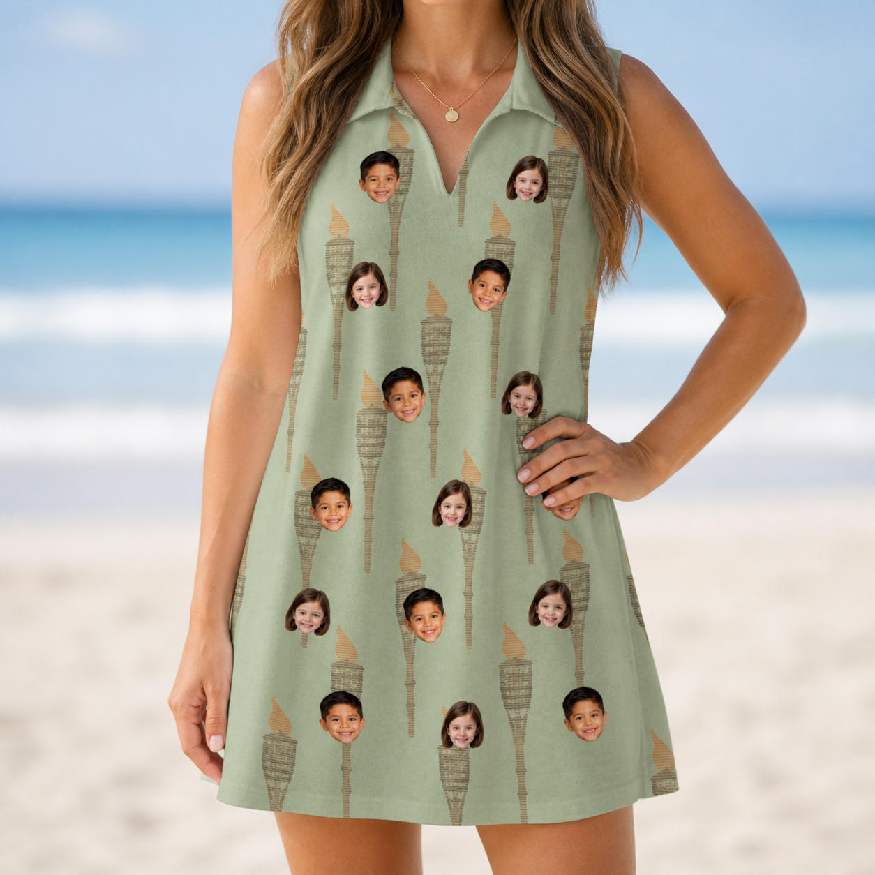 Model wearing Women's Flame Fête Custom Face V-Neck Dress printed with kids' faces