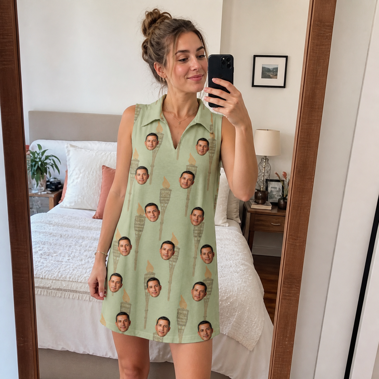 Real-life photo of someone wearing Women's Flame Fête Custom Face V-Neck Dress — custom faces printed all-over
