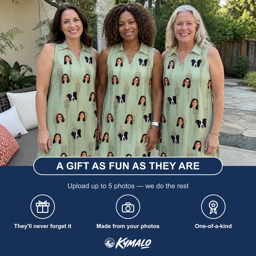 Friends in matching Women's Flame Fête Custom Face V-Neck Dress — a group gift photo