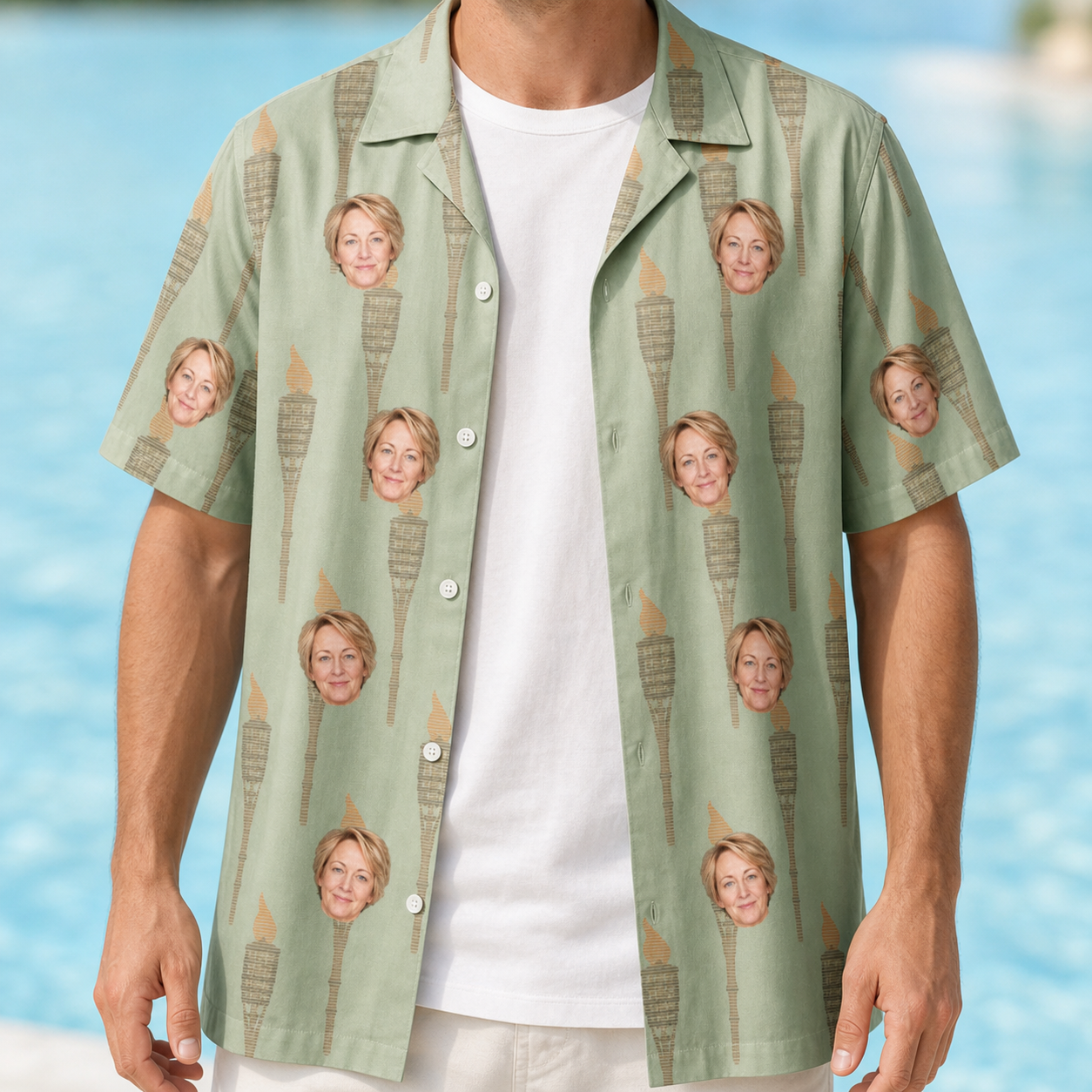 Man wearing Men's Flame Fête Custom Face Hawaiian Shirt open over a white tee