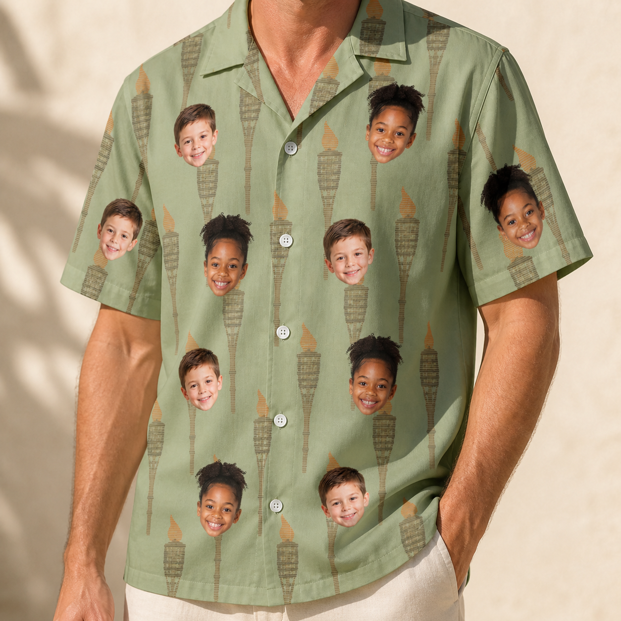 Model wearing Men's Flame Fête Custom Face Hawaiian Shirt printed with kids' faces