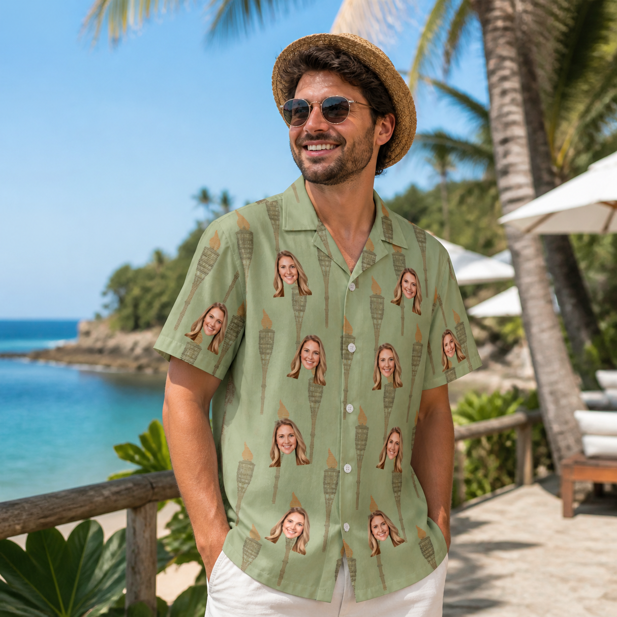 Real-life photo of someone wearing Men's Flame Fête Custom Face Hawaiian Shirt — custom faces printed all-over