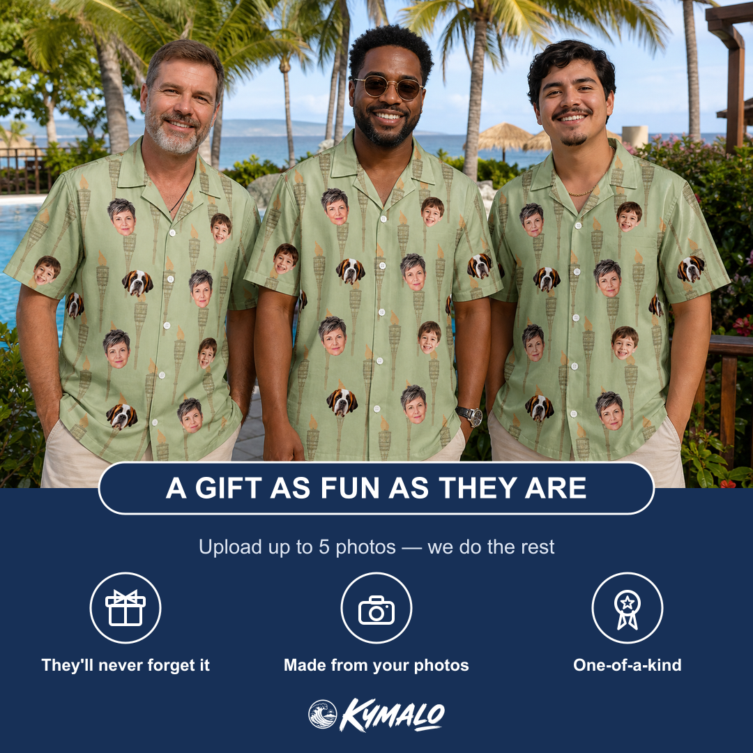 Friends in matching Men's Flame Fête Custom Face Hawaiian Shirt — a group gift photo