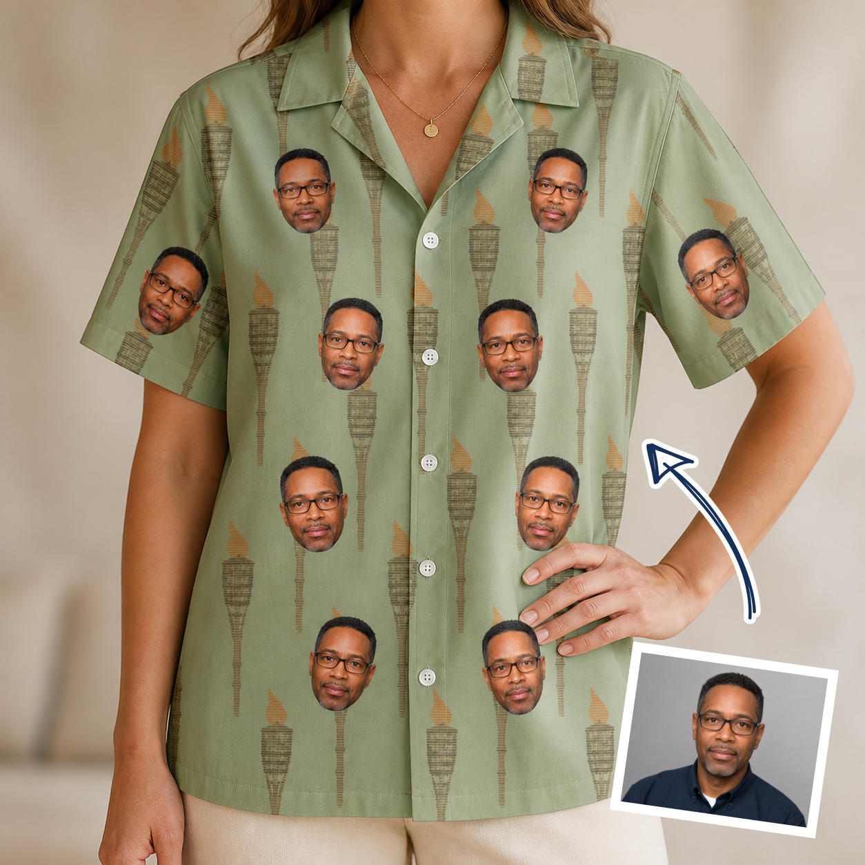 Woman wearing Women's Flame Fête Custom Face Hawaiian Shirt — custom faces printed all-over