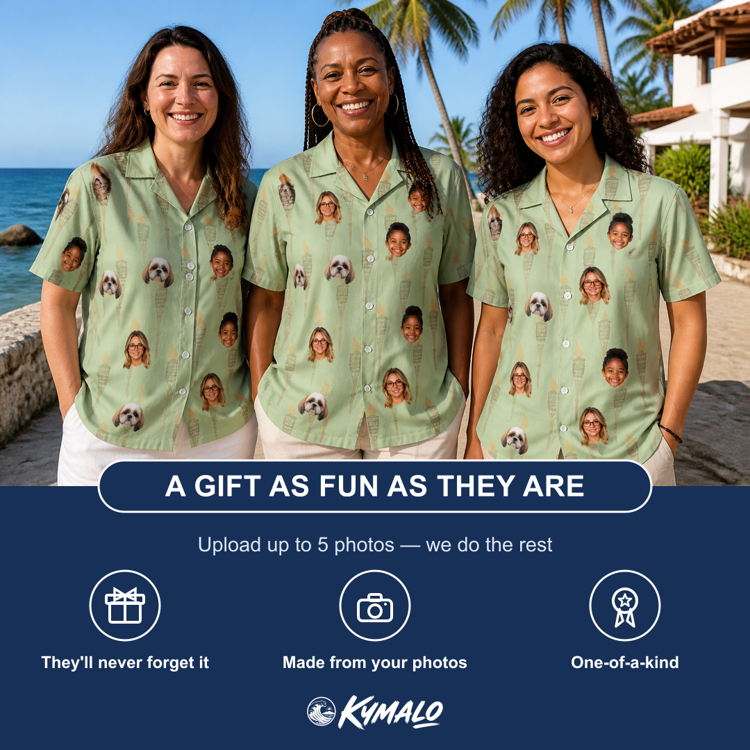 Friends in matching Women's Flame Fête Custom Face Hawaiian Shirt — a group gift photo