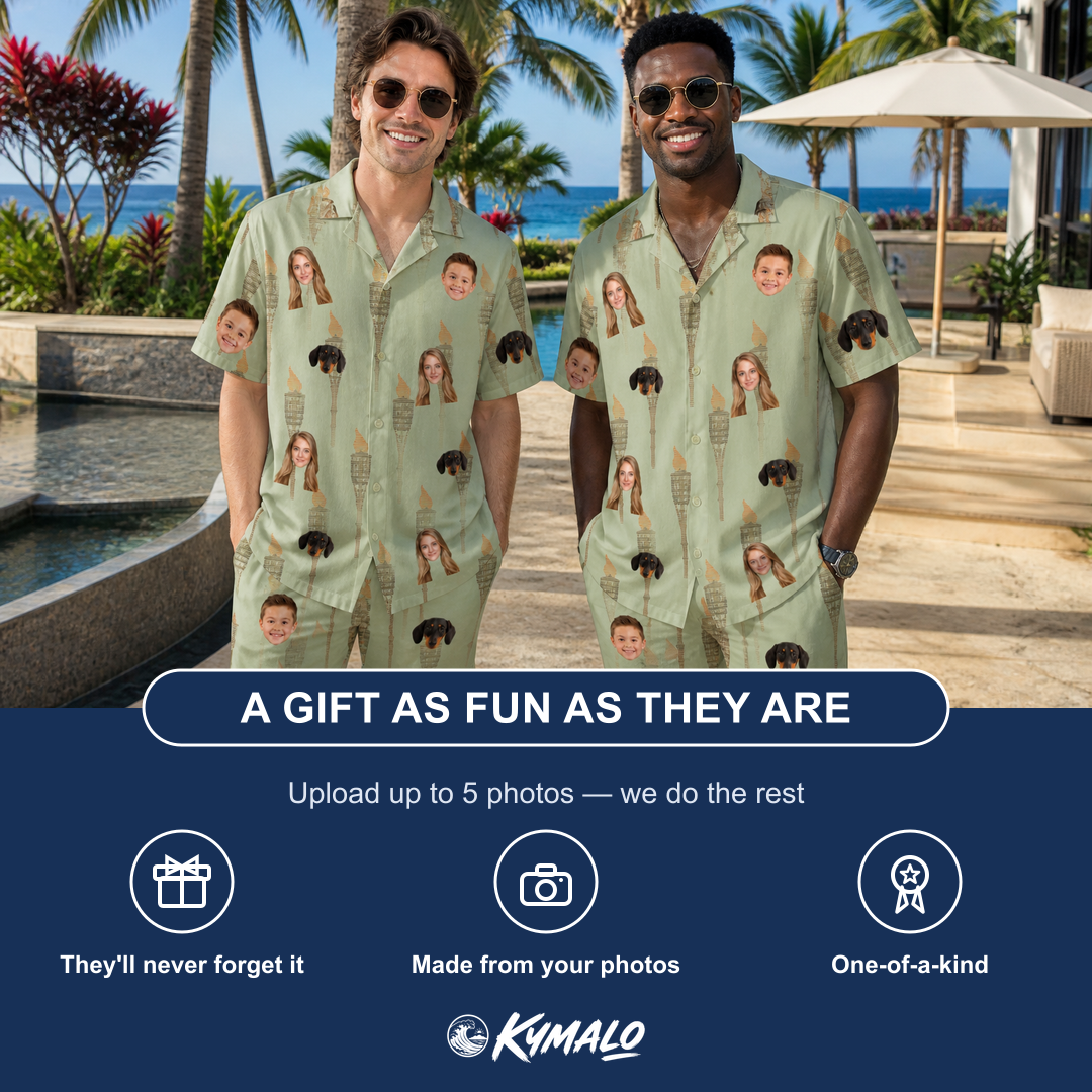 Friends in matching Men's Flame Fête Custom Face Shirt & Shorts Set — a group gift photo