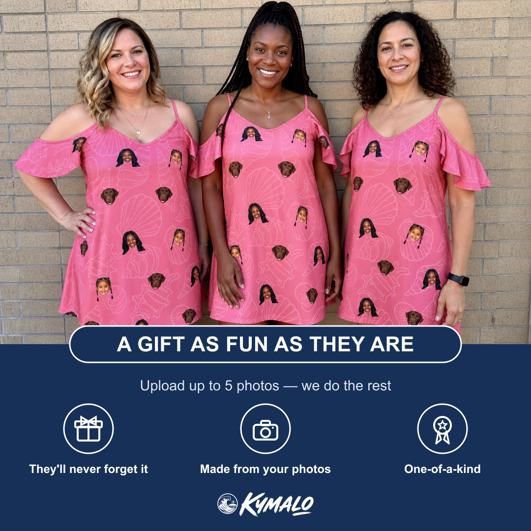 Friends in matching Women's Tidal Trinkets Custom Face Off-Shoulder Dress — a group gift photo