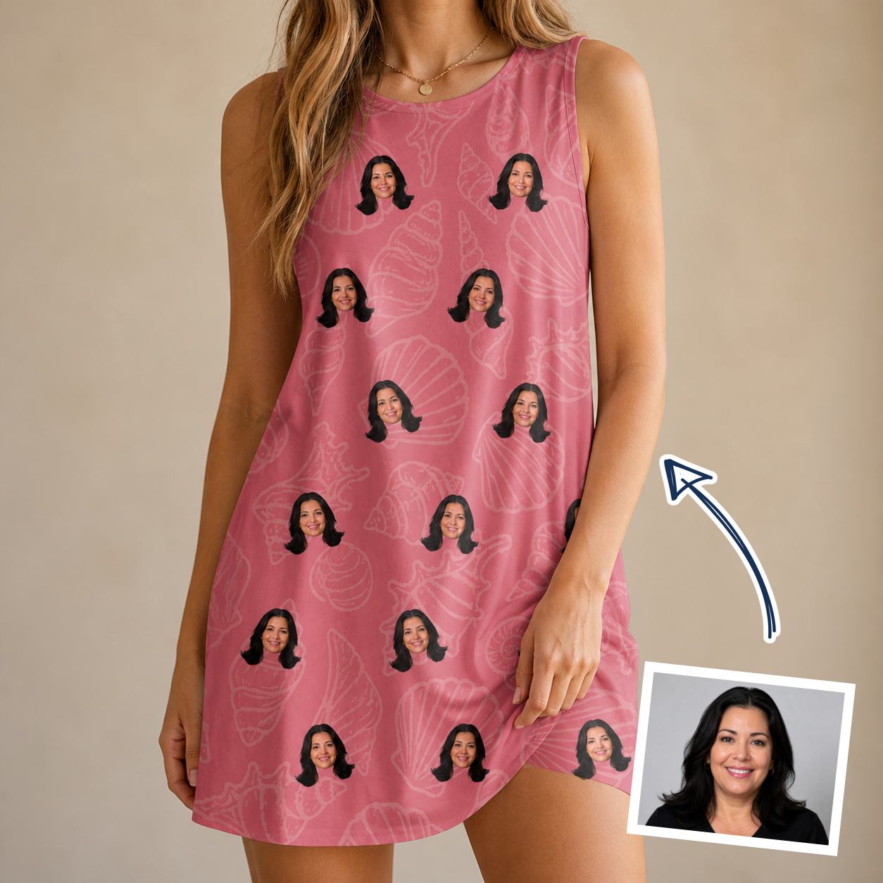 Woman wearing Women's Tidal Trinkets Custom Face Tank Dress — custom faces printed all-over