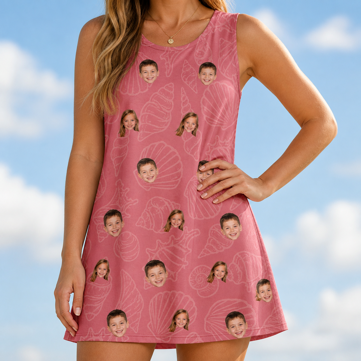 Model wearing Women's Tidal Trinkets Custom Face Tank Dress printed with kids' faces