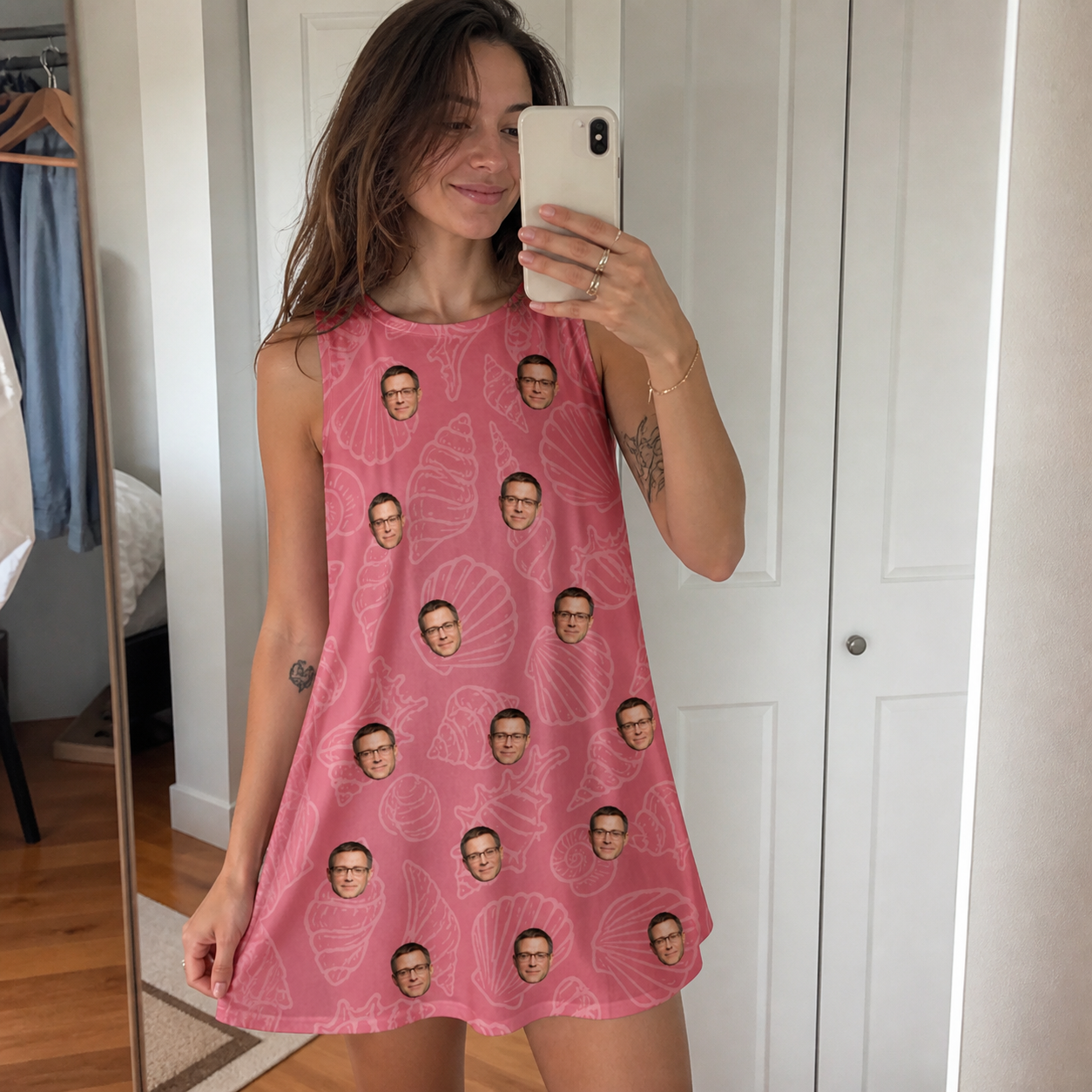 Real-life photo of someone wearing Women's Tidal Trinkets Custom Face Tank Dress — custom faces printed all-over