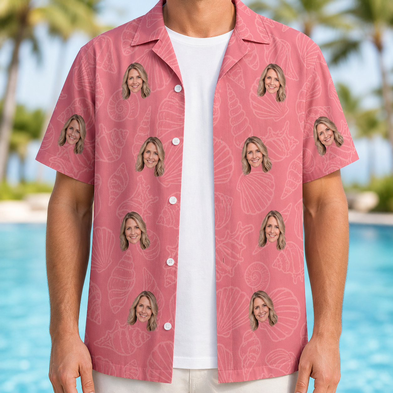 Man wearing Men's Tidal Trinkets Custom Face Hawaiian Shirt open over a white tee