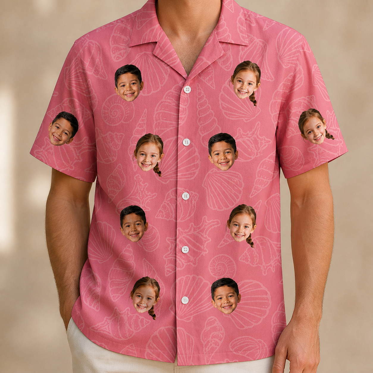 Model wearing Men's Tidal Trinkets Custom Face Hawaiian Shirt printed with kids' faces
