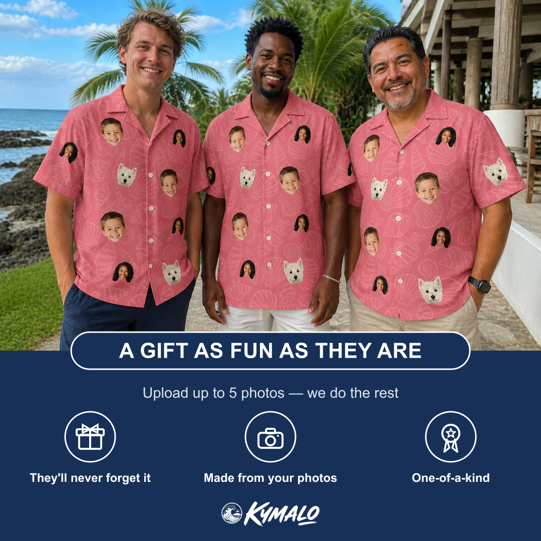 Friends in matching Men's Tidal Trinkets Custom Face Hawaiian Shirt — a group gift photo