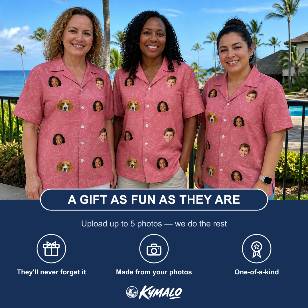 Friends in matching Women's Tidal Trinkets Custom Face Hawaiian Shirt — a group gift photo
