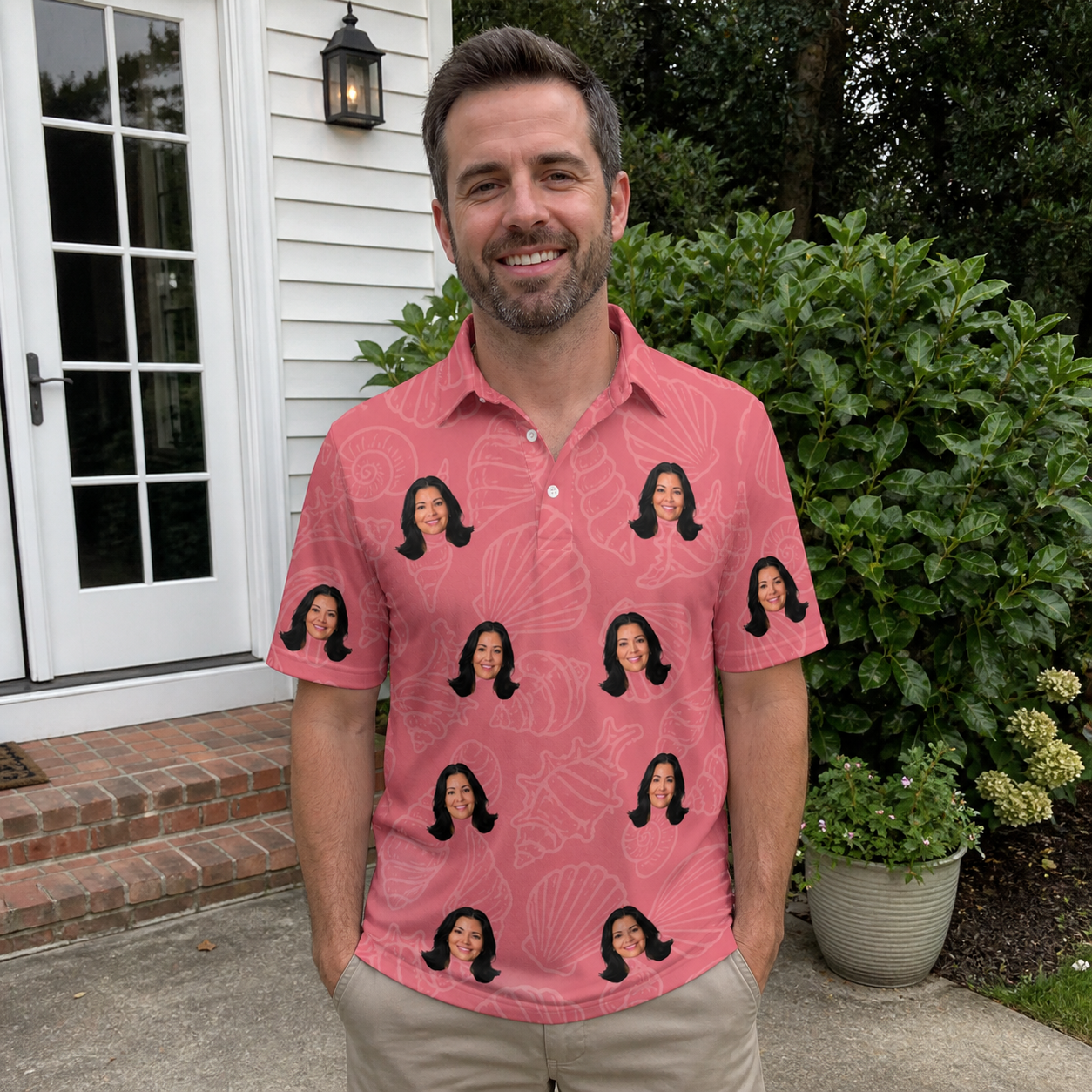 Real-life photo of someone wearing Men's Tidal Trinkets Custom Face Polo Shirt — custom faces printed all-over