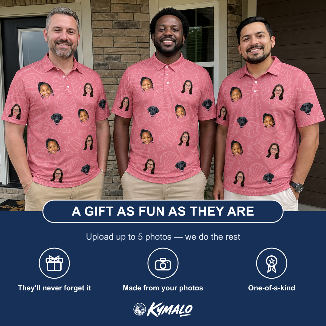 Friends in matching Men's Tidal Trinkets Custom Face Polo Shirt — a group gift photo