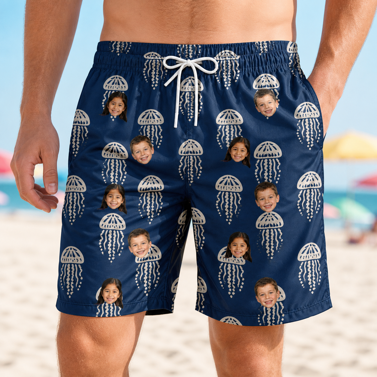 Model wearing Men's Nettle Nebula Custom Face Beach Shorts printed with kids' faces