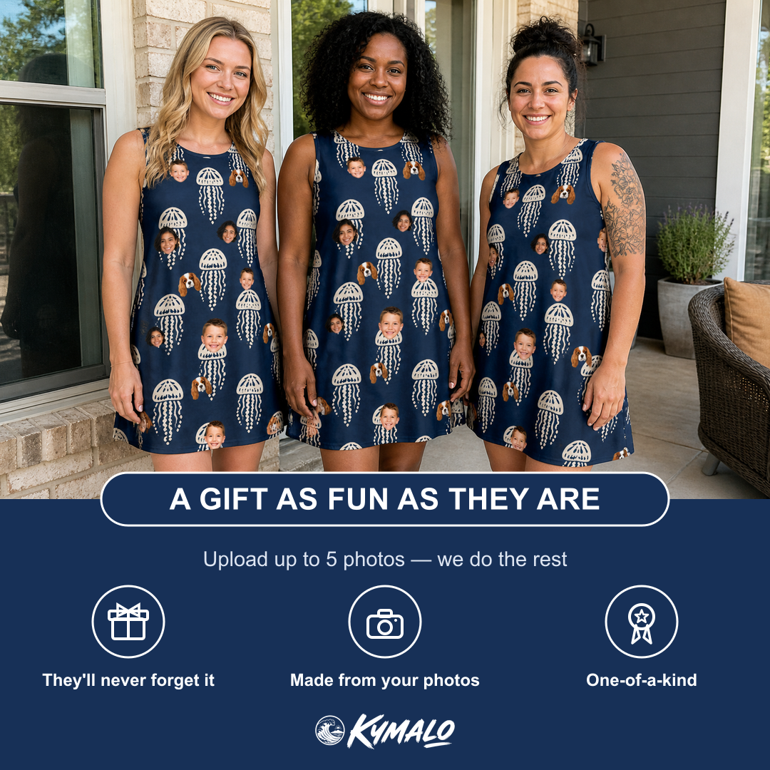 Friends in matching Women's Nettle Nebula Custom Face Tank Dress — a group gift photo