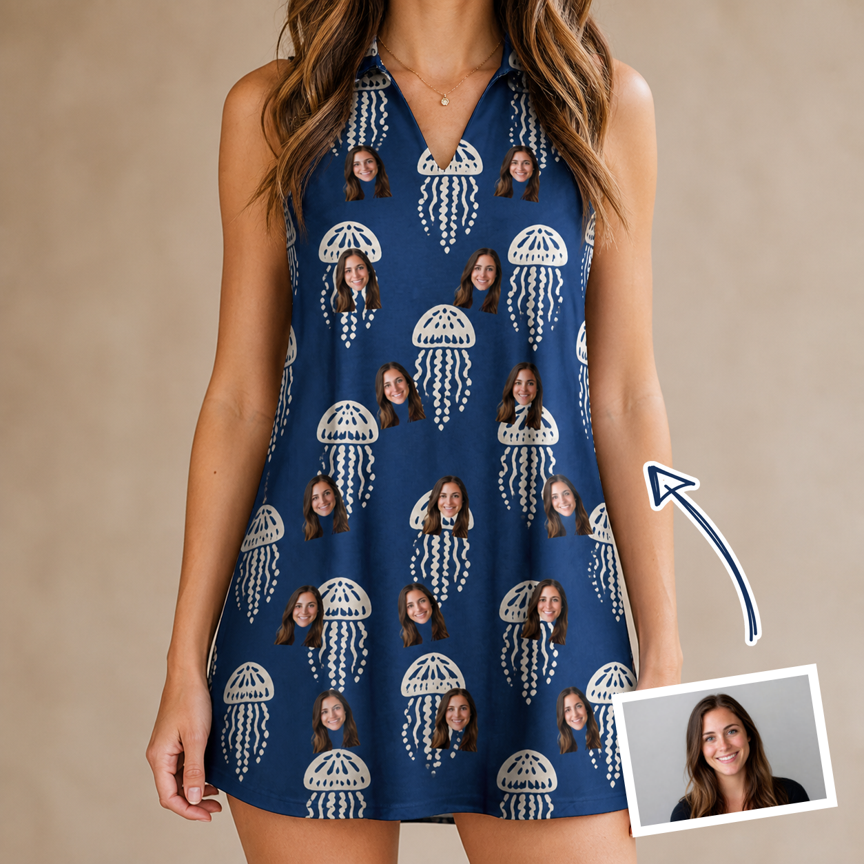 Woman wearing Women's Nettle Nebula Custom Face V-Neck Dress — custom faces printed all-over