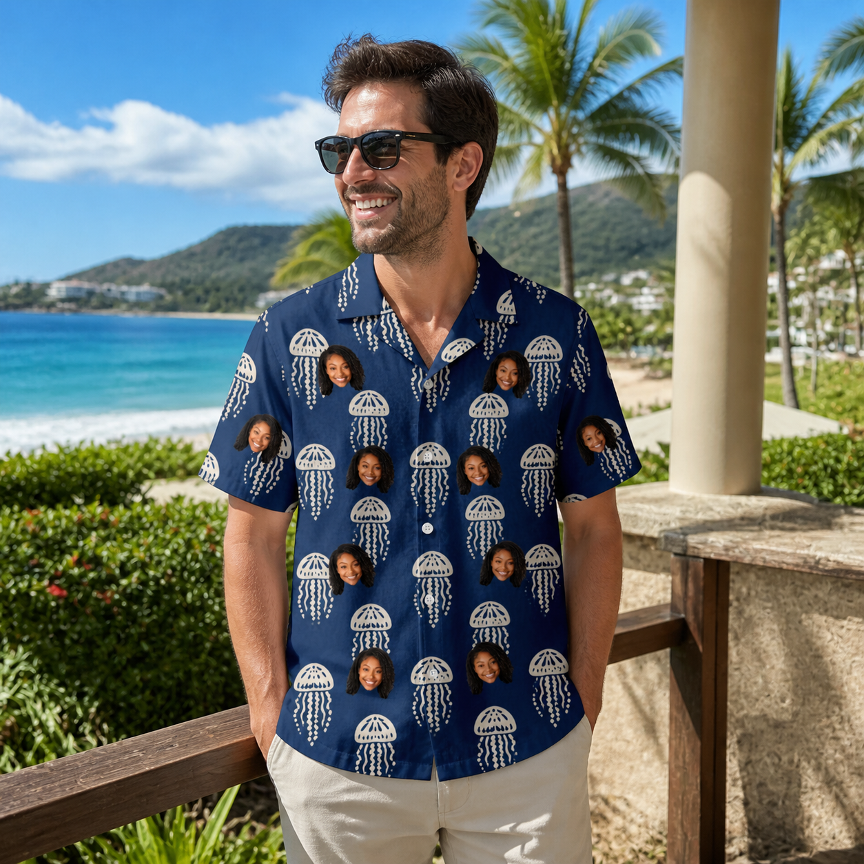 Real-life photo of someone wearing Men's Nettle Nebula Custom Face Hawaiian Shirt — custom faces printed all-over