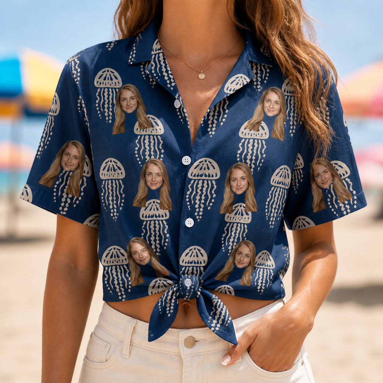 Woman wearing Women's Nettle Nebula Custom Face Hawaiian Shirt tied at the waist