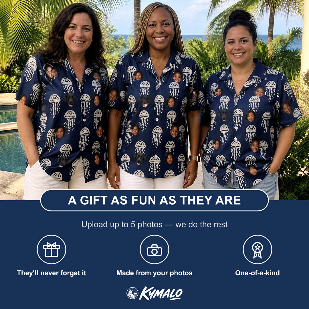 Friends in matching Women's Nettle Nebula Custom Face Hawaiian Shirt — a group gift photo