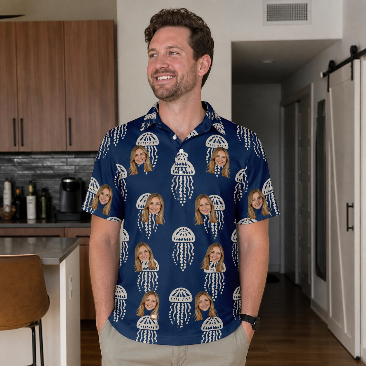 Real-life photo of someone wearing Men's Nettle Nebula Custom Face Polo Shirt — custom faces printed all-over
