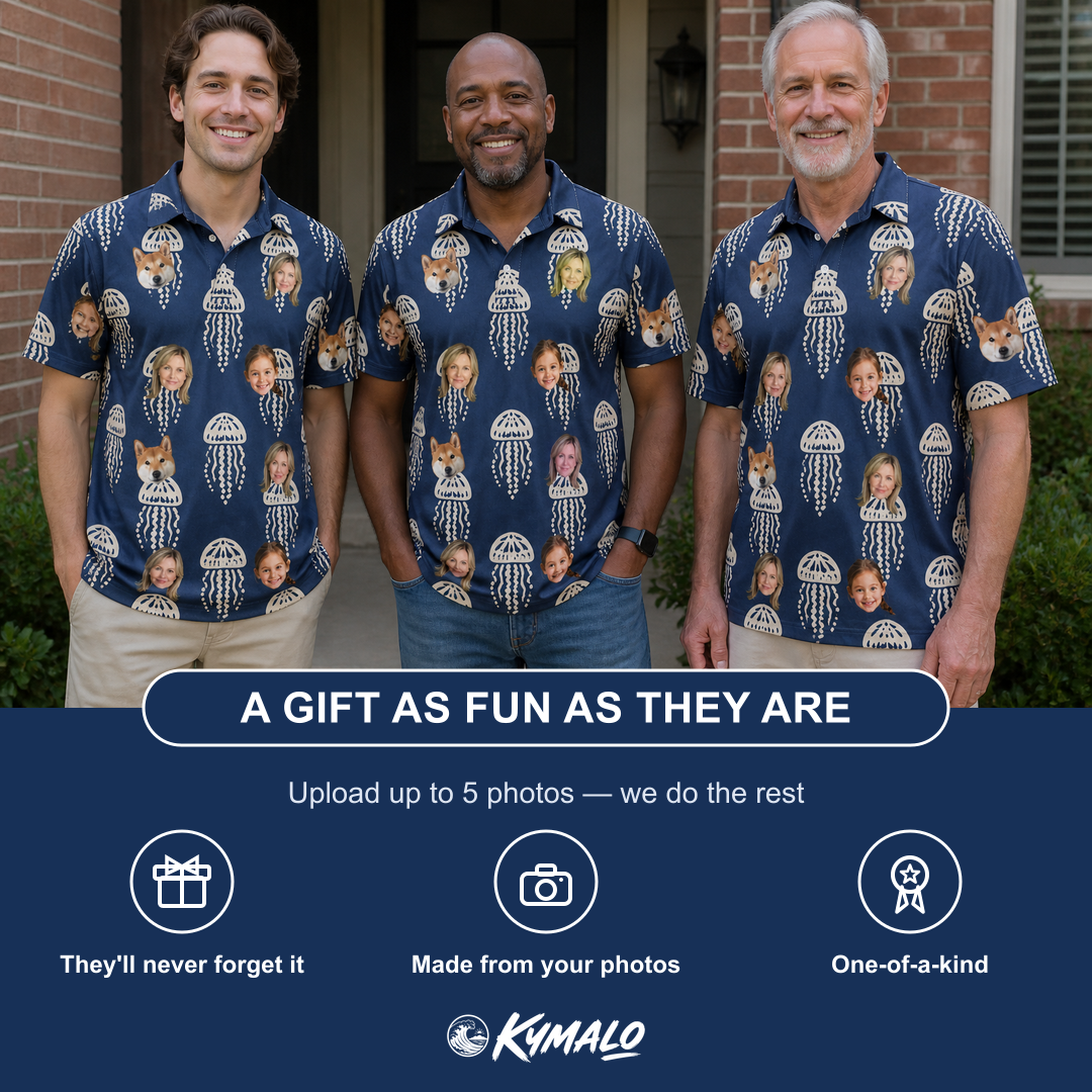 Friends in matching Men's Nettle Nebula Custom Face Polo Shirt — a group gift photo