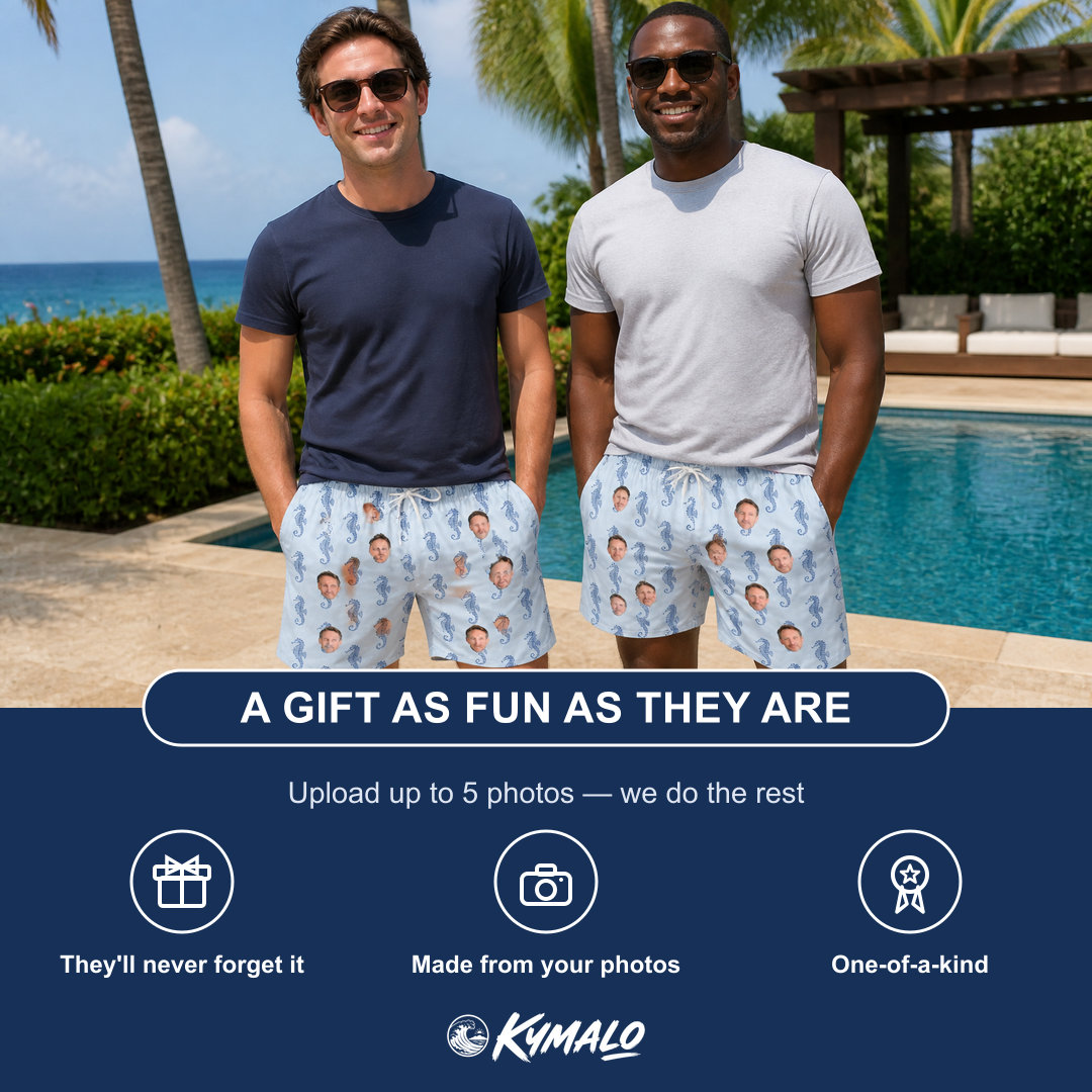 Friends in matching Men's Bridle Bubbles Custom Face Beach Shorts — a group gift photo