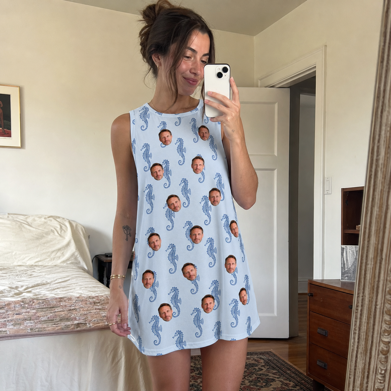 Real-life photo of someone wearing Women's Bridle Bubbles Custom Face Tank Dress — custom faces printed all-over