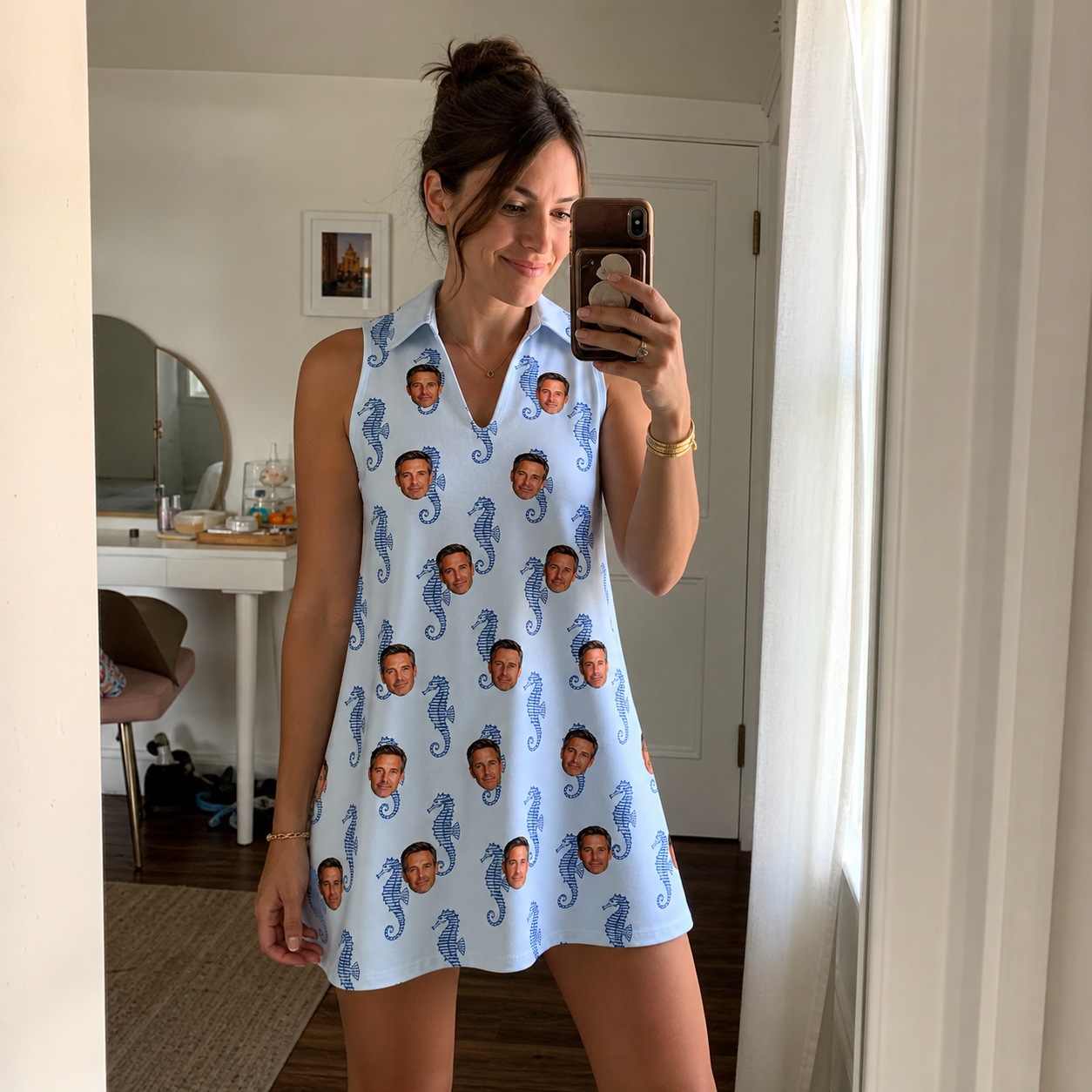 Real-life photo of someone wearing Women's Bridle Bubbles Custom Face V-Neck Dress — custom faces printed all-over