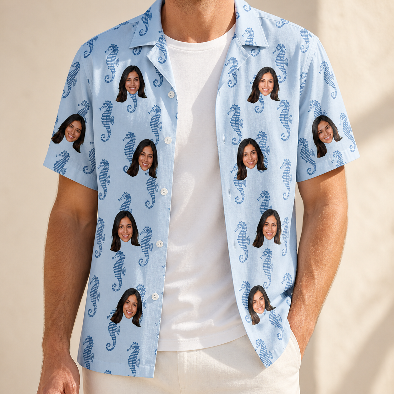 Man wearing Men's Bridle Bubbles Custom Face Hawaiian Shirt open over a white tee