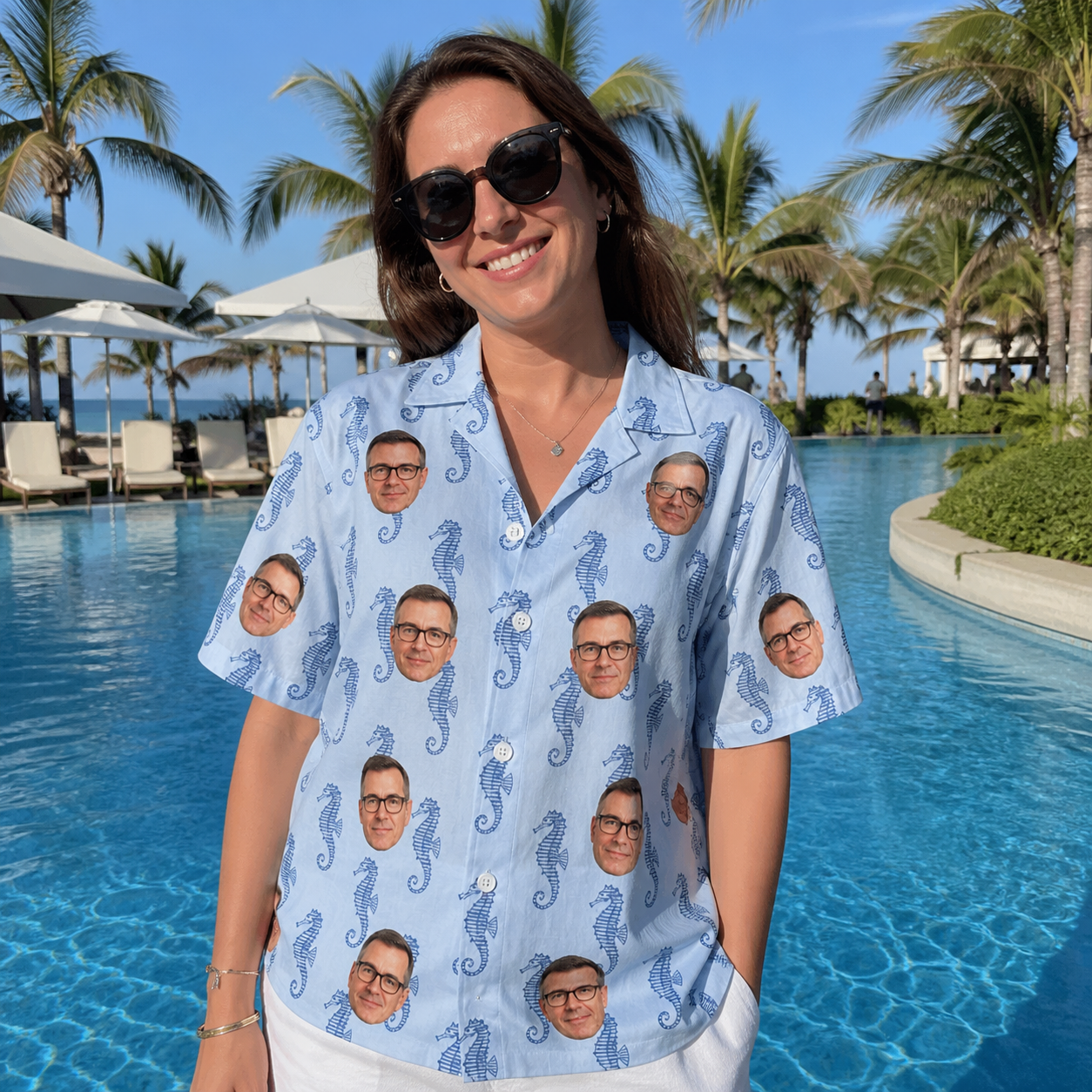 Real-life photo of someone wearing Women's Bridle Bubbles Custom Face Hawaiian Shirt — custom faces printed all-over