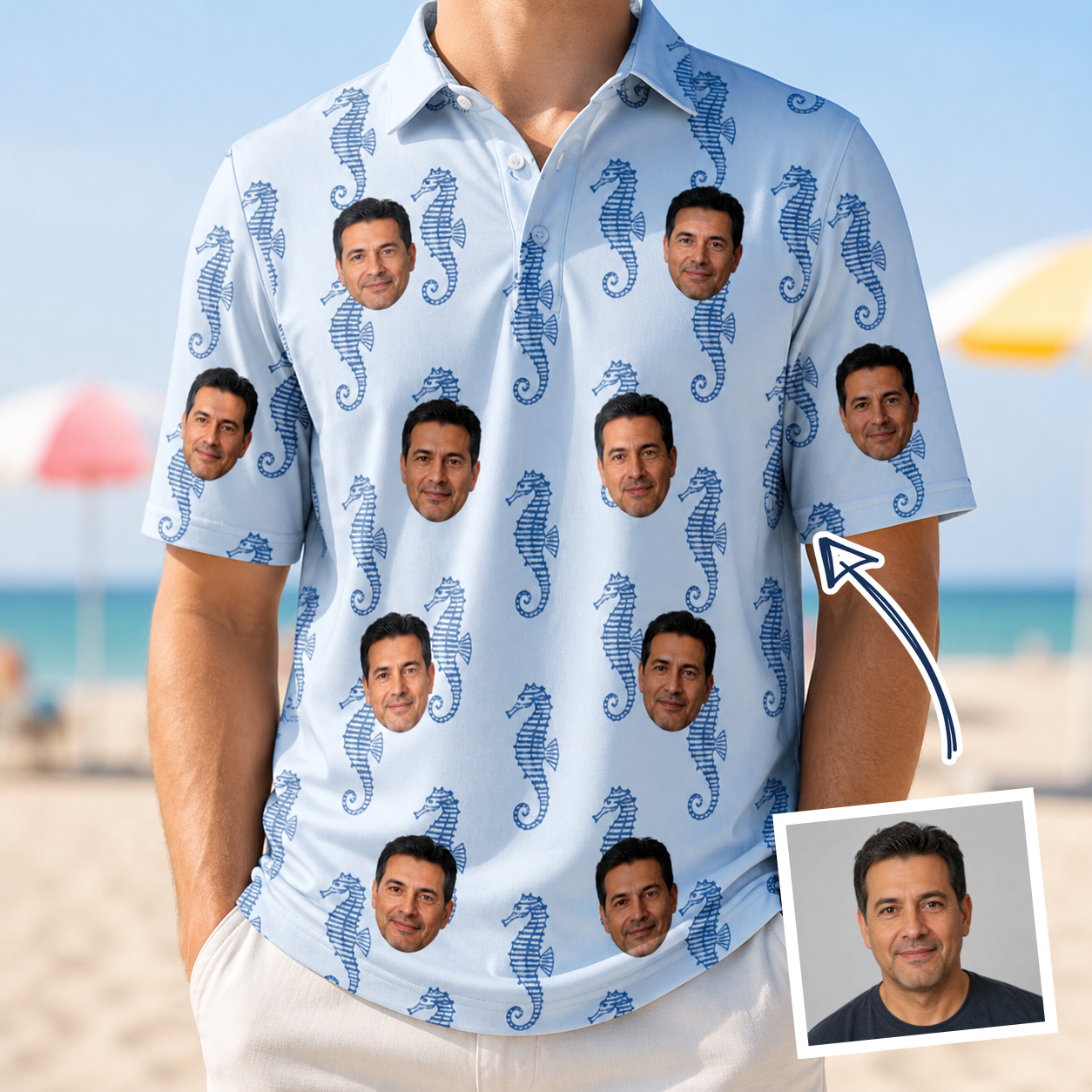 Man wearing Men's Bridle Bubbles Custom Face Polo Shirt — custom faces printed all-over