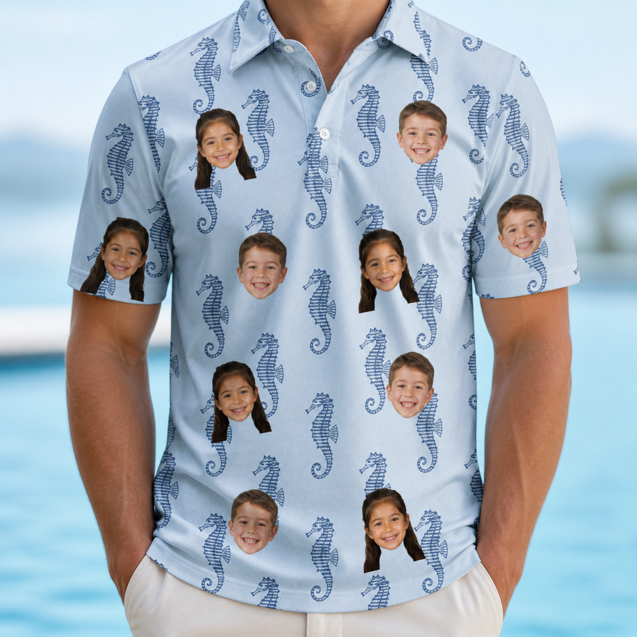 Model wearing Men's Bridle Bubbles Custom Face Polo Shirt printed with kids' faces