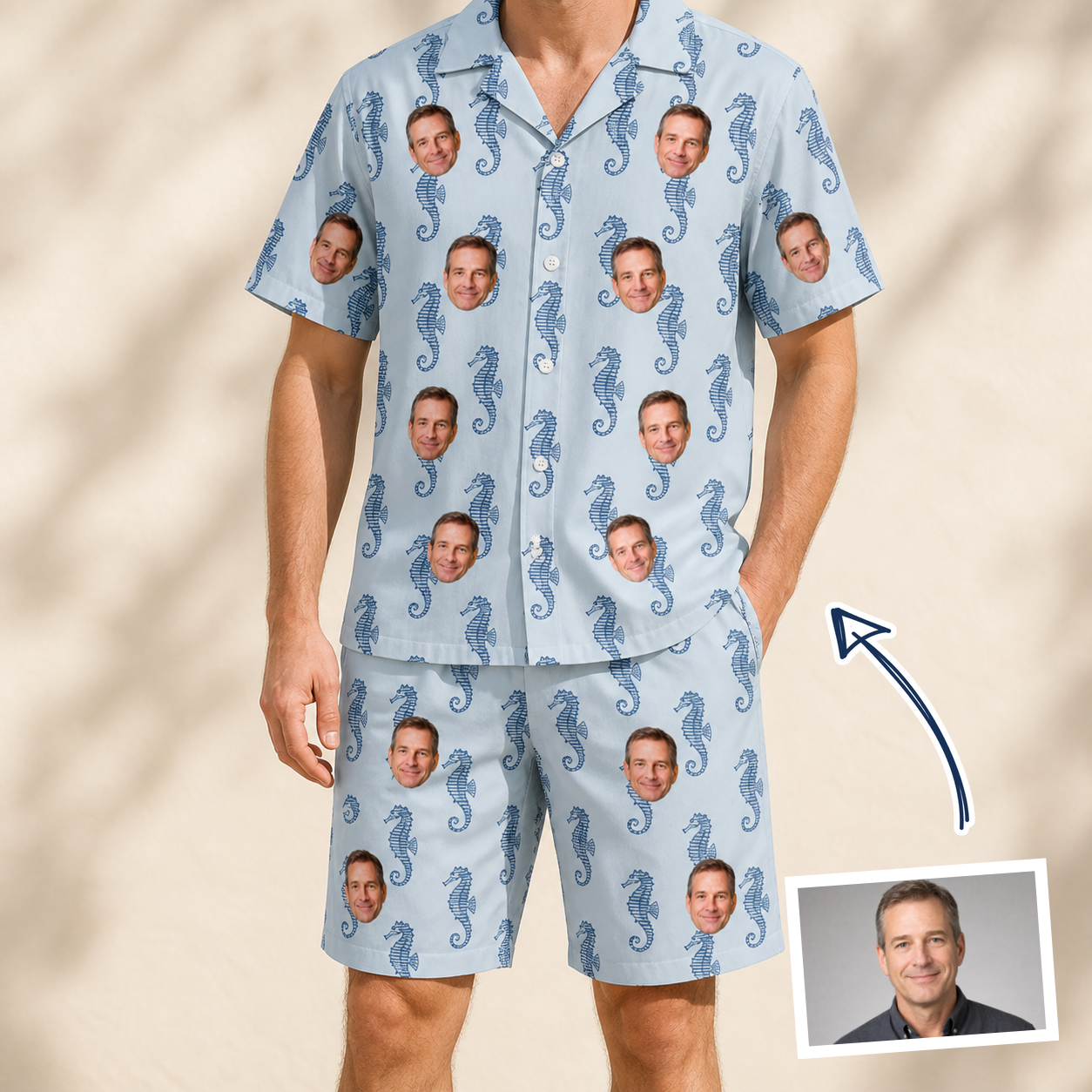 Man wearing Men's Bridle Bubbles Custom Face Shirt & Shorts Set — custom faces printed all-over