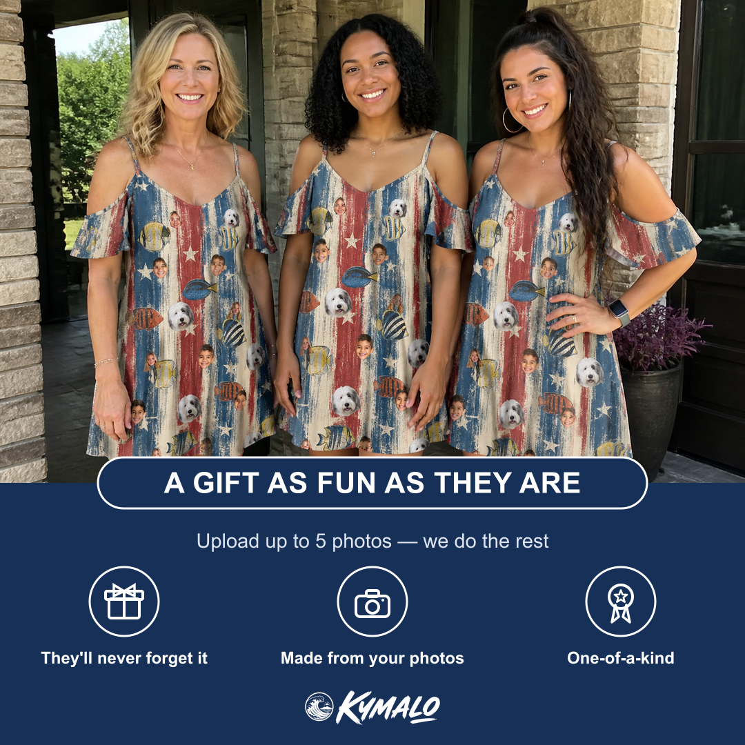 Friends in matching Women's Fishful Thinking Custom Face Off-Shoulder Dress — a group gift photo