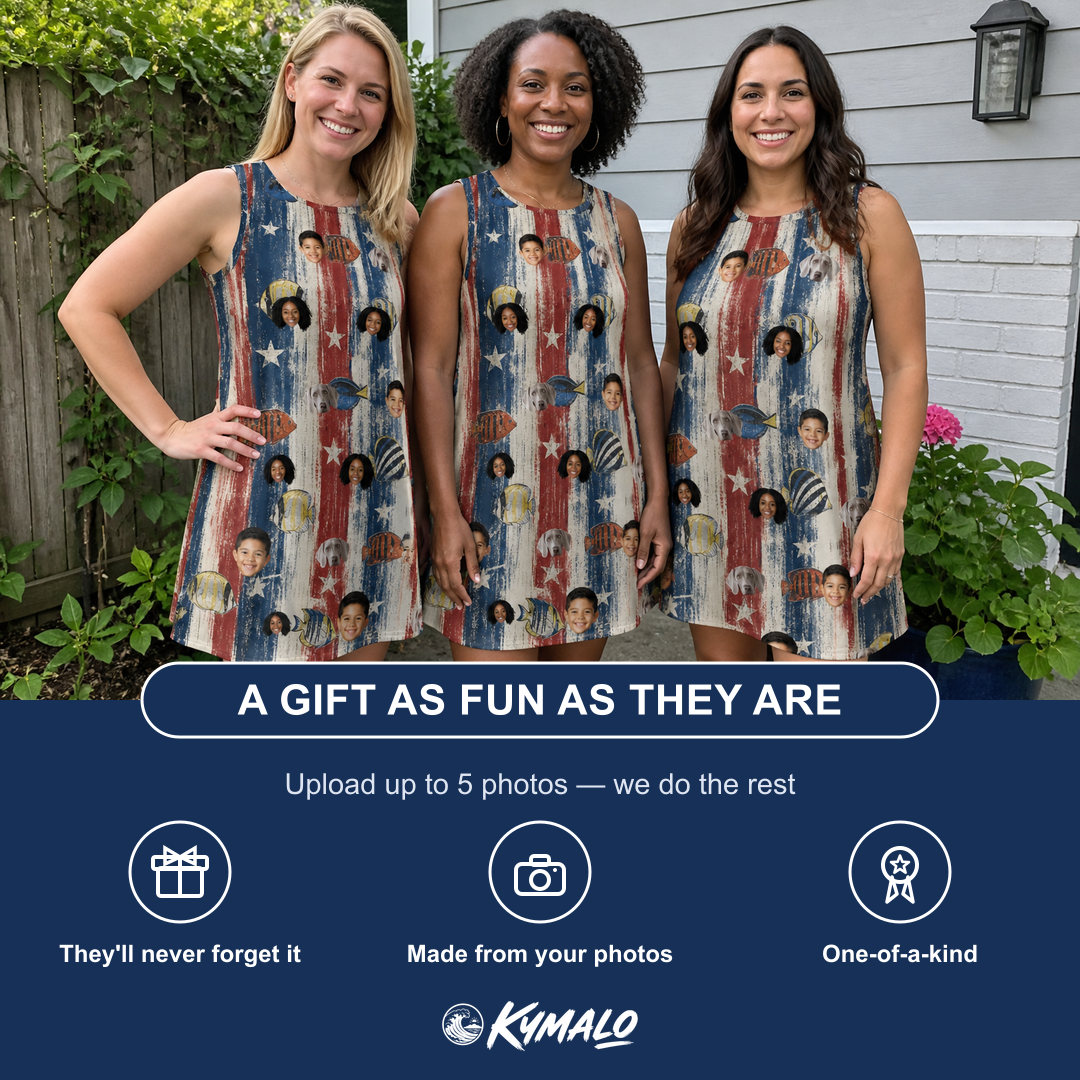 Friends in matching Women's Fishful Thinking Custom Face Tank Dress — a group gift photo