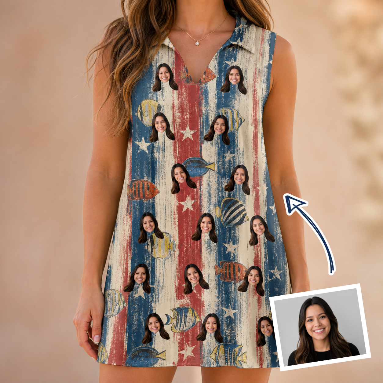 Woman wearing Women's Fishful Thinking Custom Face V-Neck Dress — custom faces printed all-over