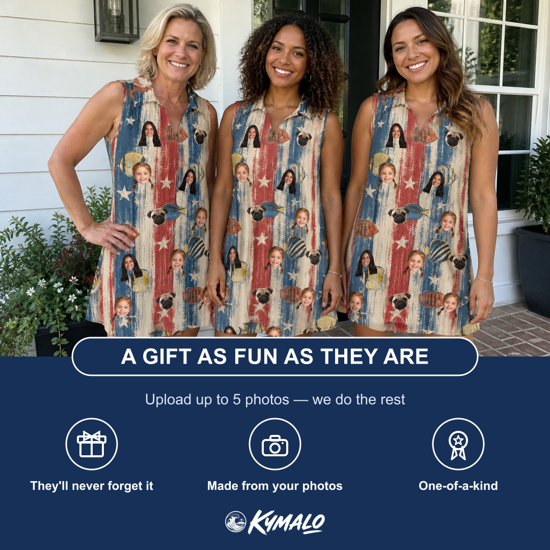 Friends in matching Women's Fishful Thinking Custom Face V-Neck Dress — a group gift photo