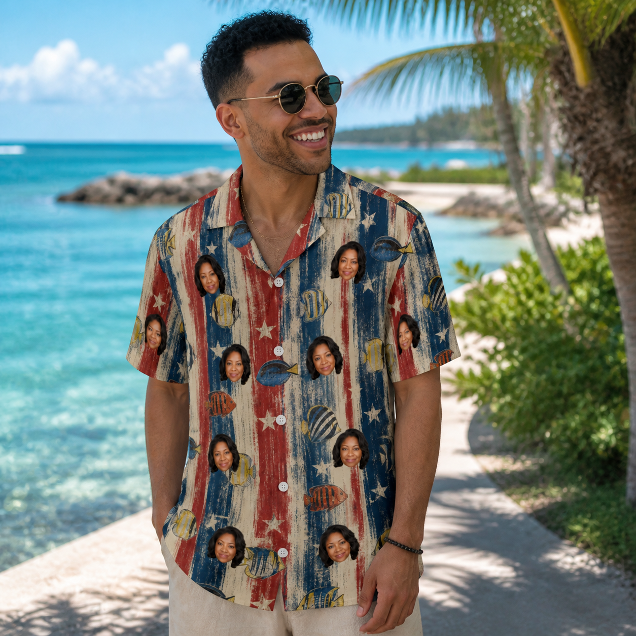 Real-life photo of someone wearing Men's Fishful Thinking Custom Face Hawaiian Shirt — custom faces printed all-over