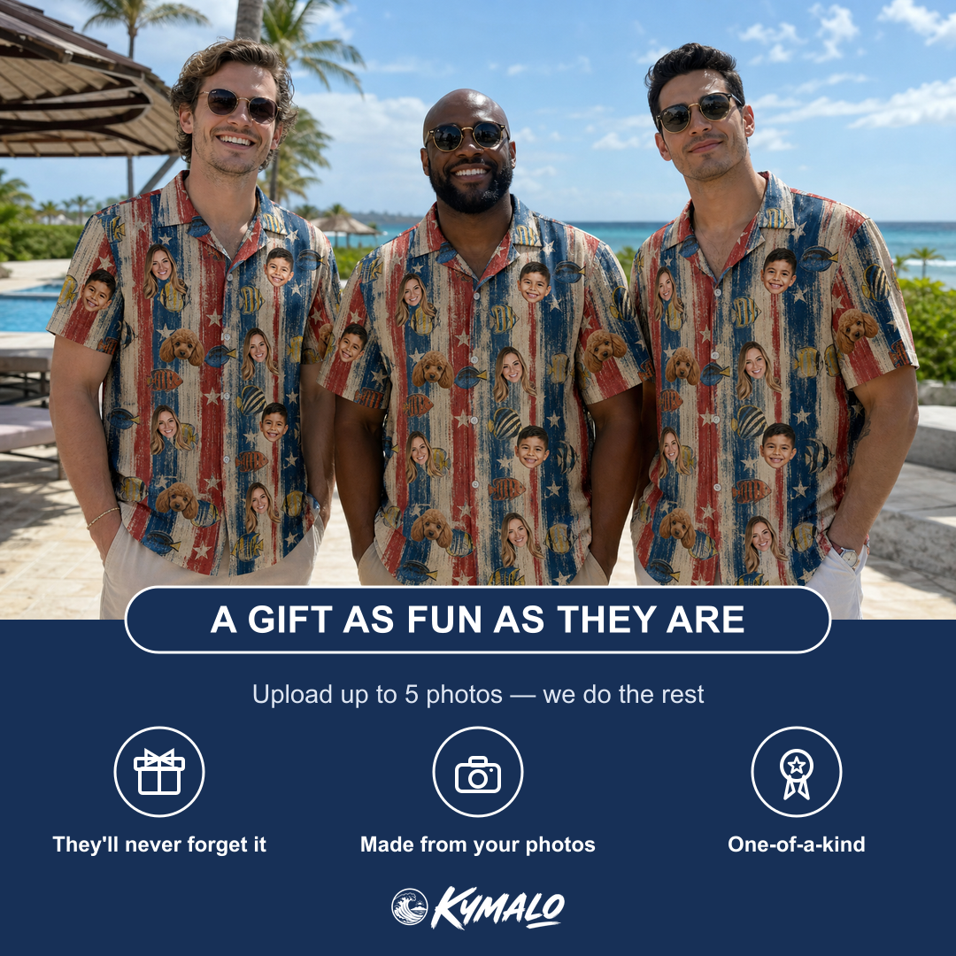 Friends in matching Men's Fishful Thinking Custom Face Hawaiian Shirt — a group gift photo